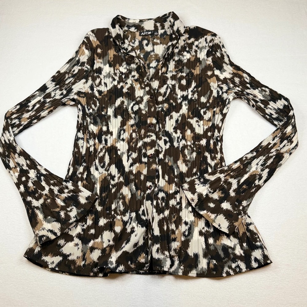 Apt 9 Womens Brown Ikat Pleated Bell Sleeve Button Down Blouse Large